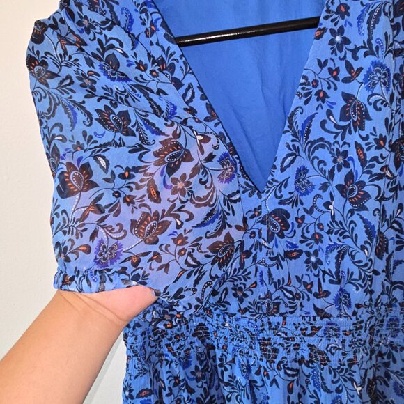 Old Navy - Waist - Defined V-Neck Midi - Blue Floral Print Dress - Medium Tall - Picture 5 of 12